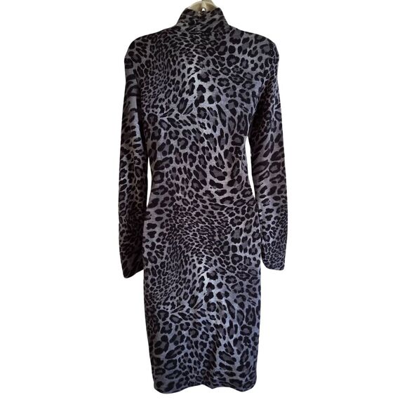 CACHÉ M Y2K Early 2000s Turtleneck Leopard Knit Sweater Dress - Picture 6 of 11